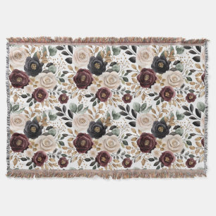 Chic Burgundy Cream Floral   Throw Blanket