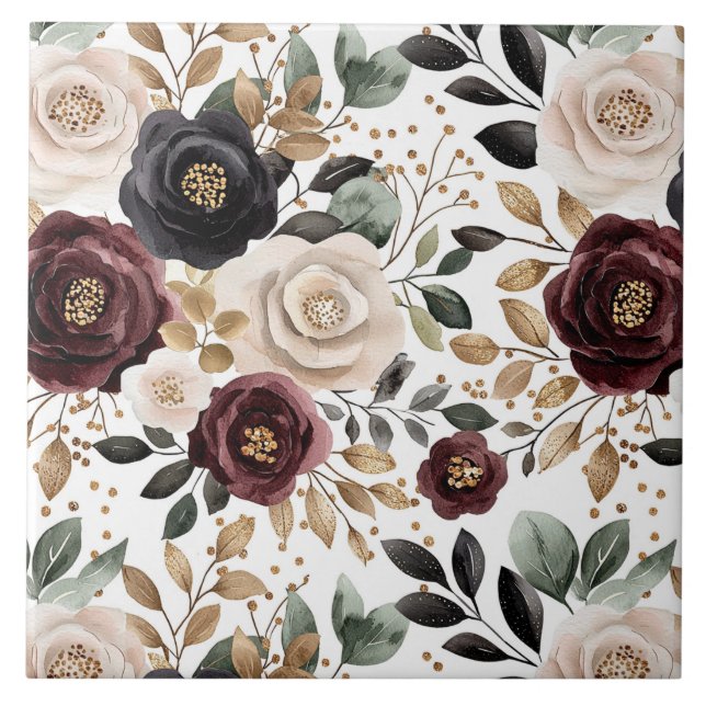 Chic Burgundy Cream Floral   Tile (Front)