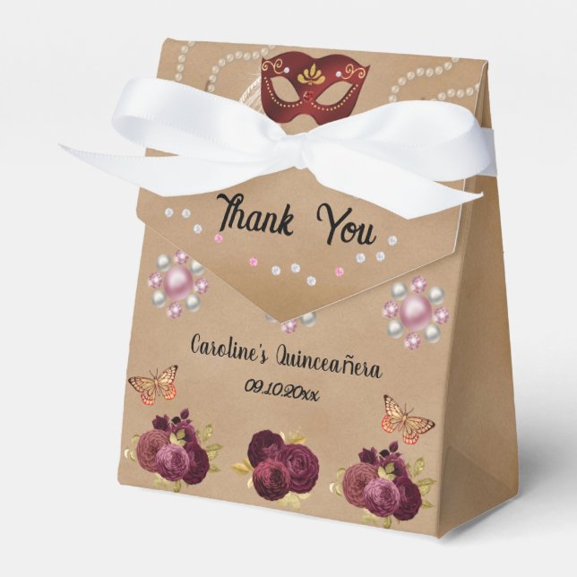 Chic Burgundy English Roses Quinceañera Masquerade Favor Box (Front Side)