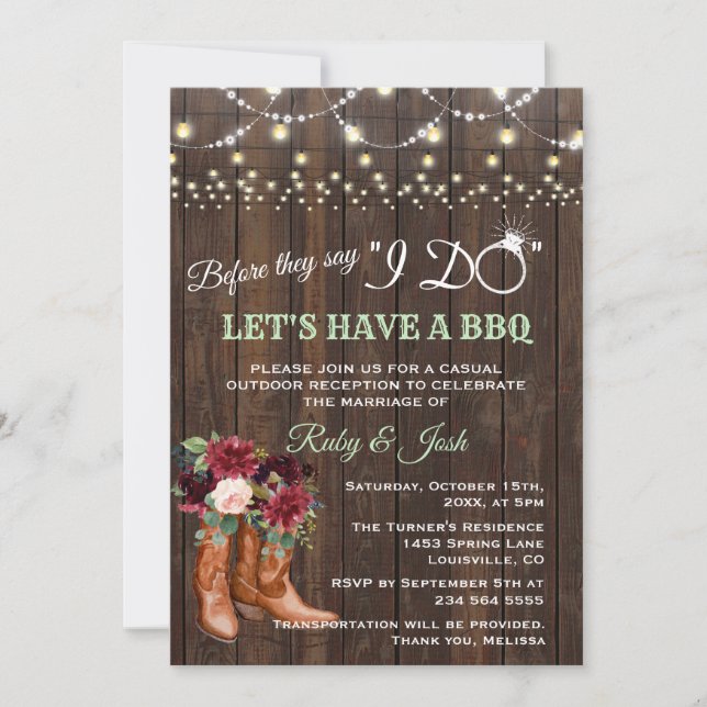 Chic Burgundy Floral Cowboy Boots Before I DO BBQ Invitation (Front)