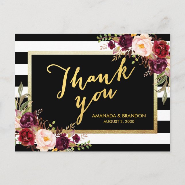 Chic Burgundy Floral Gold Black Wedding Thank You Postcard (Front)