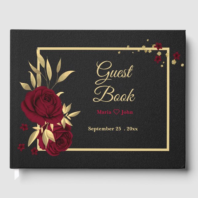 chic burgundy floral gold leaves black guest book (Front)
