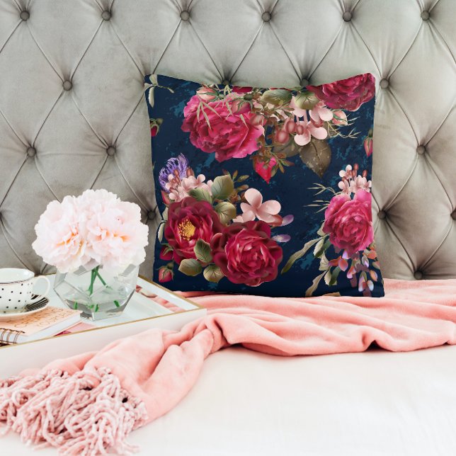 Chic Burgundy Floral On Navy Blue Throw Pillow (Creator Uploaded)