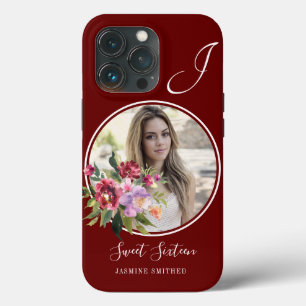 Chic Burgundy Floral Themed Photo Monogrammed iPhone 13 Pro Case