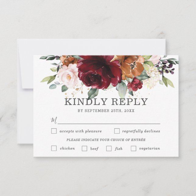 Chic Burgundy Floral Wedding Meal Choice RSVP Card (Front)