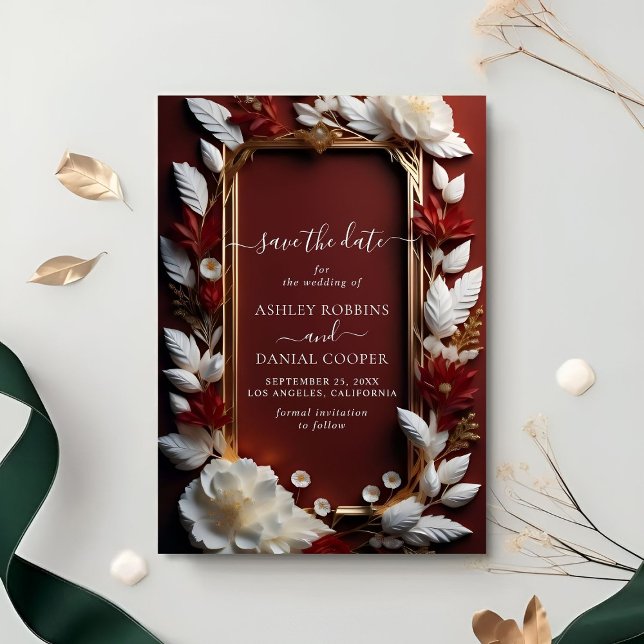 Chic Burgundy Florals Golden Frame Save The Date Invitation (Creator Uploaded)