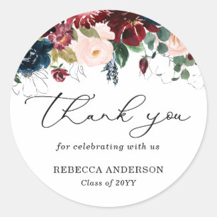 Chic Burgundy Florals Script Thank You Graduation Classic Round Sticker