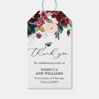 Chic Burgundy Florals Script Thank You Graduation Gift Tags