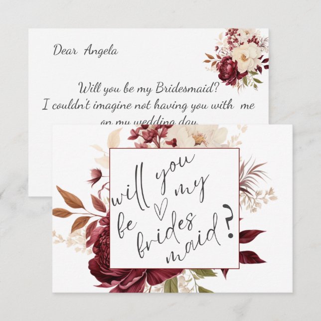 Chic Burgundy Flowers Bridesmaid Card (Front/Back)