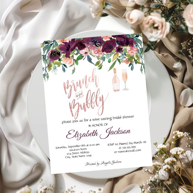 Chic Burgundy Flowers Brunch Bridal Shower  Invitation (Creator Uploaded)