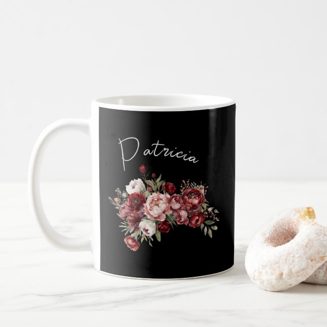 Chic Burgundy Flowers Coffee Mug (With Donut)
