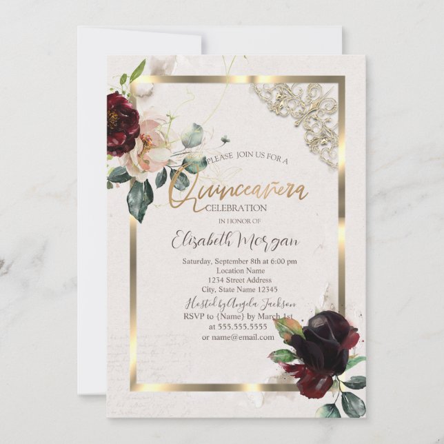 Chic Burgundy Flowers Gold Frame Quinceañera  Invitation (Front)
