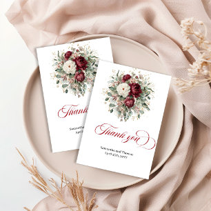 Chic Burgundy Flowers Greenery Gold Thank You Card