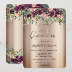 Chic Burgundy Flowers Roses Quinceañera  Invitation