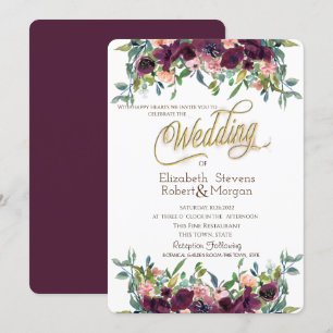 Chic Burgundy Flowers Wedding Invitation