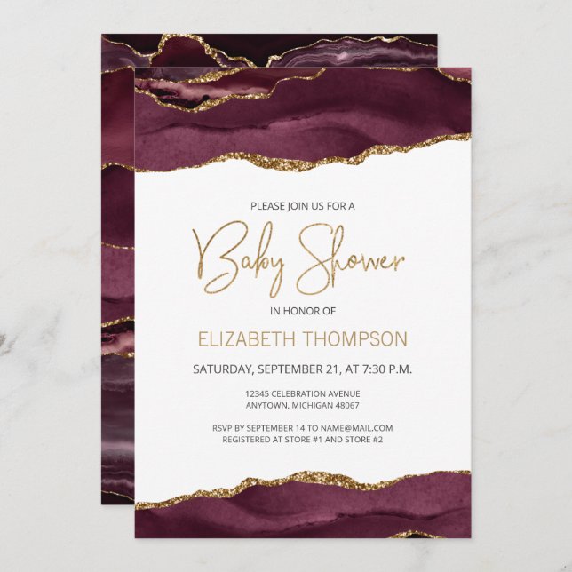 Chic Burgundy Gold Agate Geode Baby Shower (Front/Back)