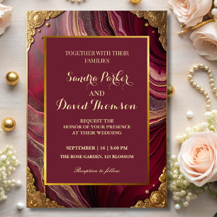 Chic Burgundy Gold Agate Marble Modern Wedding Invitation