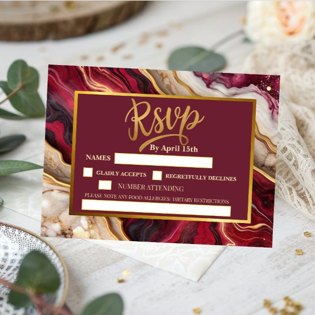 Chic Burgundy Gold Agate Marble Modern Wedding  RSVP Card (Creator Uploaded)