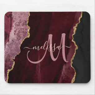 Chic Burgundy Gold Agate Script Custom Monogram Mouse Pad