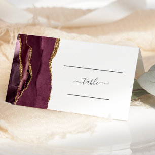 Chic Burgundy Gold Agate Wedding Table Place Card
