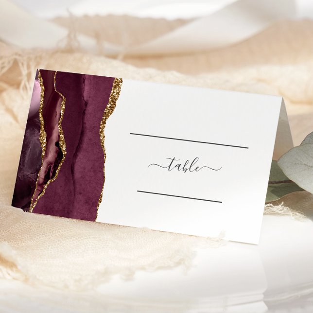 Chic Burgundy Gold Agate Wedding Table Place Card (Creator Uploaded)