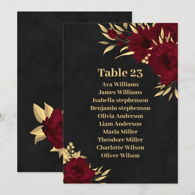 Chic burgundy & gold black seating chart card (Front/Back)