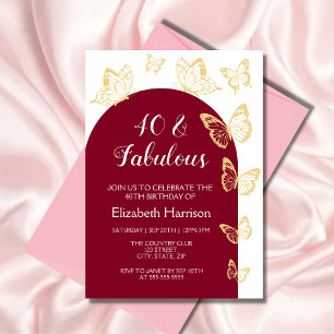 Chic Burgundy Gold Butterflies Fabulous Birthday Invitation