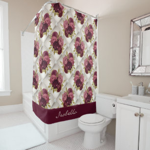 Chic Burgundy Gold Floral diamond tufted Pattern