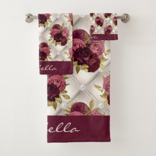 Chic Burgundy Gold Floral diamond tufted Pattern Bath Towel Set