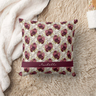 Chic Burgundy Gold Floral diamond tufted Pattern Throw Pillow