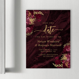 Chic Burgundy Gold Floral Wedding Save the Date Magnetic Invitation