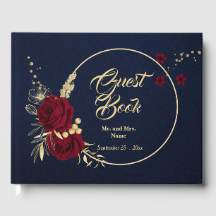 chic burgundy gold floral wreath navy blue wedding guest book