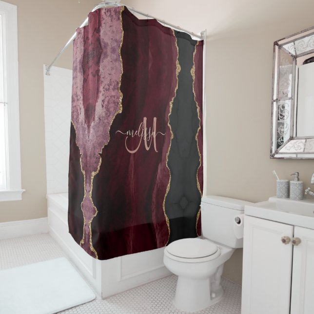 Chic Burgundy Gold Glitter Agate Custom Monogram (In Situ)