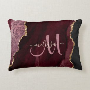 Chic Burgundy Gold Glitter Agate Custom Monogram Accent Pillow