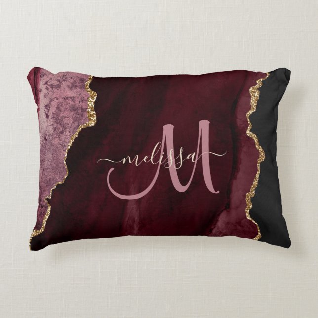 Chic Burgundy Gold Glitter Agate Custom Monogram Accent Pillow (Front)