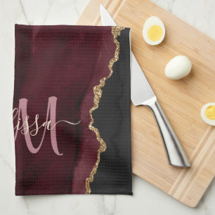 Chic Burgundy Gold Glitter Agate Custom Monogram B Kitchen Towel