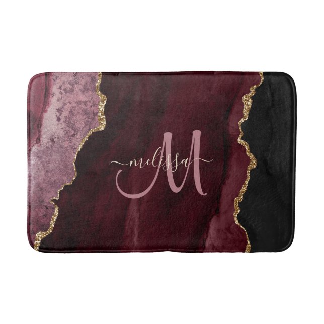 Chic Burgundy Gold Glitter Agate Custom Monogram Bath Mat (Front)
