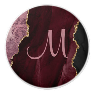 Chic Burgundy Gold Glitter Agate Custom Monogram Ceramic Knob