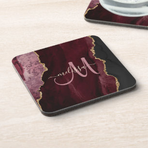 Chic Burgundy Gold Glitter Agate Custom Monogram Coaster