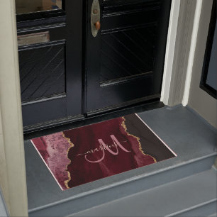 Chic Burgundy Gold Glitter Agate Custom Monogram Doormat