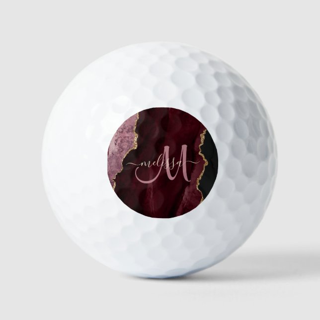 Chic Burgundy Gold Glitter Agate Custom Monogram Golf Balls (Front)
