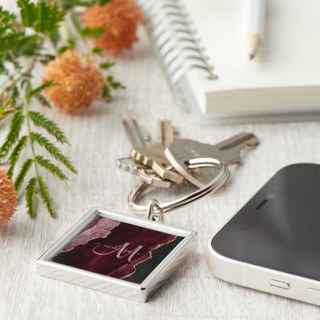 Chic Burgundy Gold Glitter Agate Custom Monogram Keychain (Side)