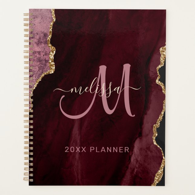 Chic Burgundy Gold Glitter Agate Monogram 2024 Planner (Front)