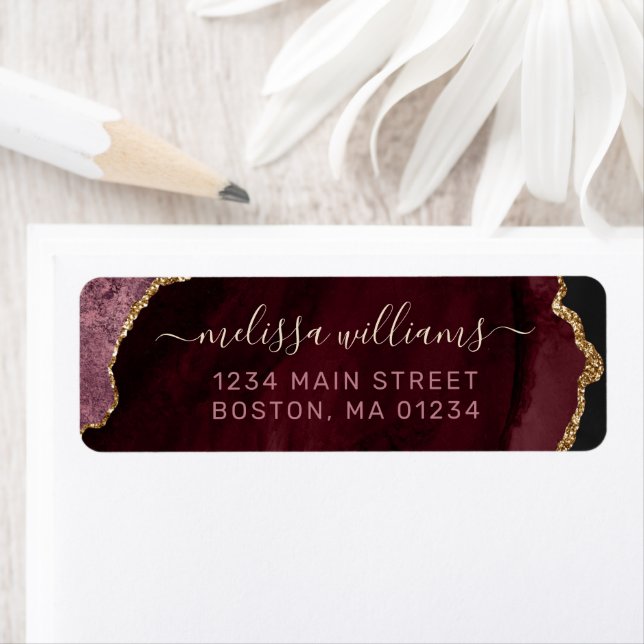 Chic Burgundy Gold Glitter Agate Monogram Address (Insitu)