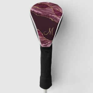 Chic Burgundy Gold Glitter Agate Monogram Golf Head Cover