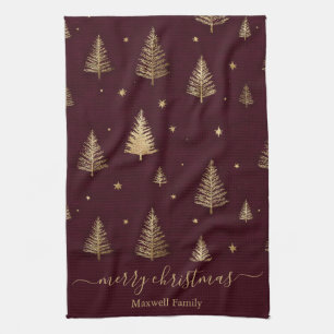 Chic Burgundy gold glitter merry christmas trees  Kitchen Towel