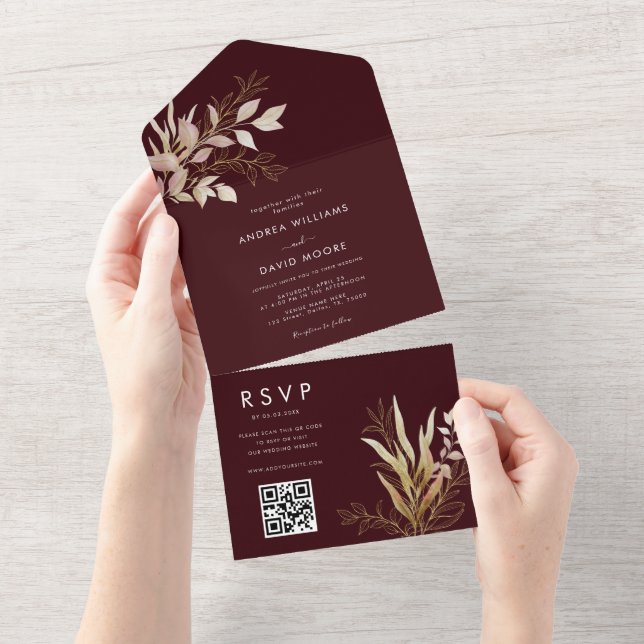 Chic Burgundy Gold Greenery QR Code RSVP Wedding  All In One Invitation (Tearaway)