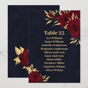 Chic burgundy & gold navy blue seating chart card