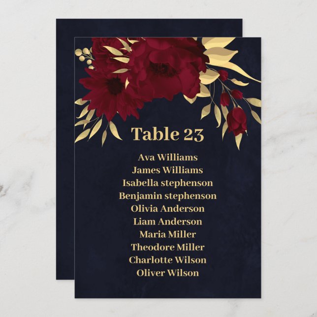 Chic burgundy & gold navy blue seating chart card (Front/Back)