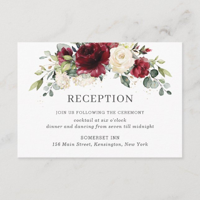 Chic Burgundy Ivory Floral Wedding Reception Enclosure Card (Front)